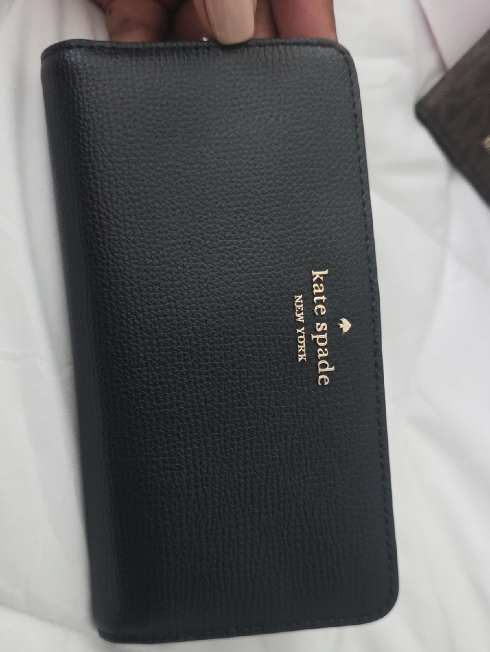 kate spade Black Pebbled Leather Zip Around Wallet with Gold Logo